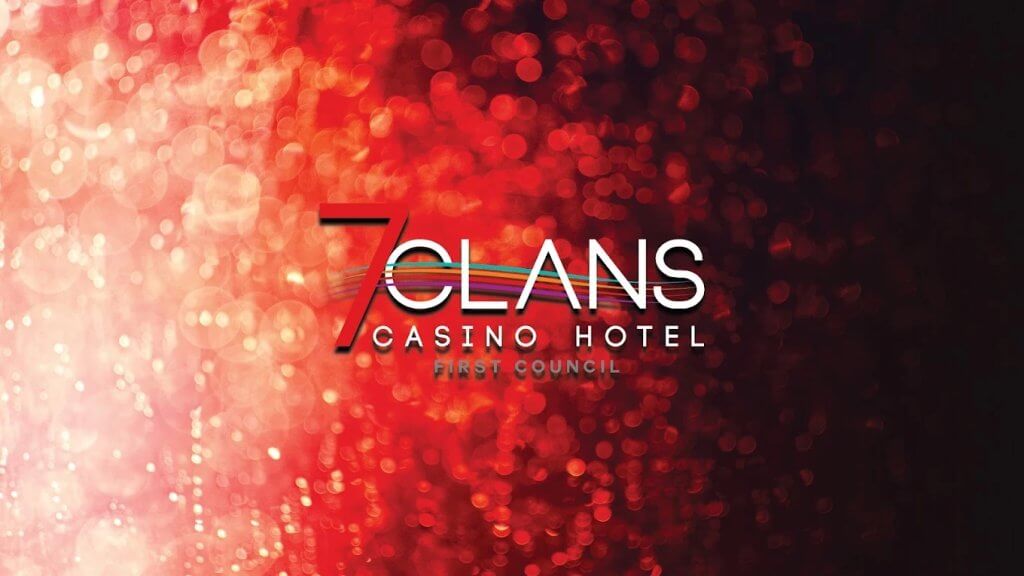 Promotional graphic for 7 Clans Casino Hotel featuring the logo over a red abstract light background.
