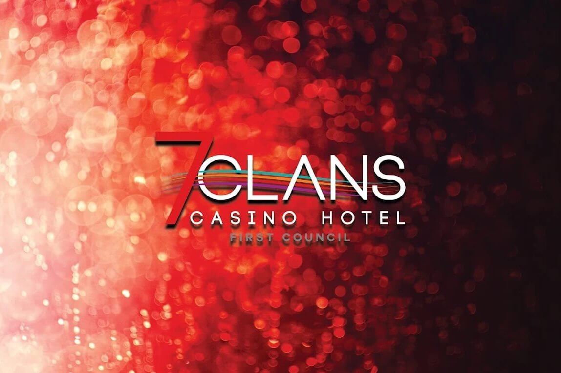 Promotional graphic for 7 Clans Casino Hotel featuring the logo over a red abstract light background.