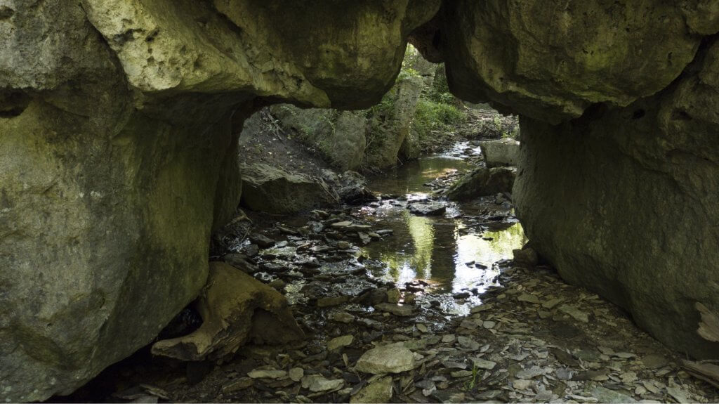 View from inside a rocky cave opening looking out toward a shallow stream and forested area.