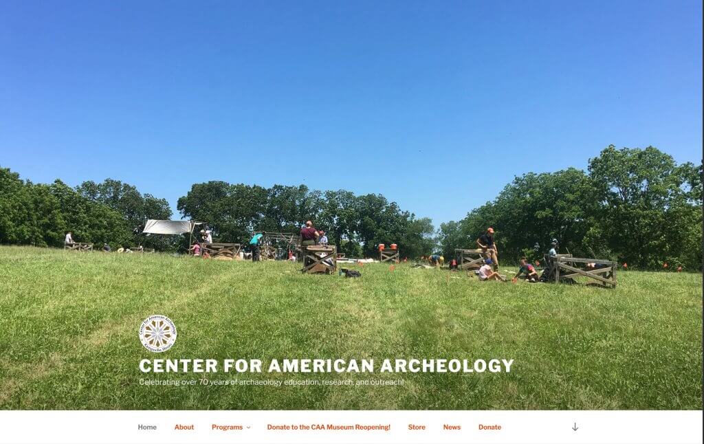 Center for American Archaeology website banner showing people working at excavation units in a grassy field.