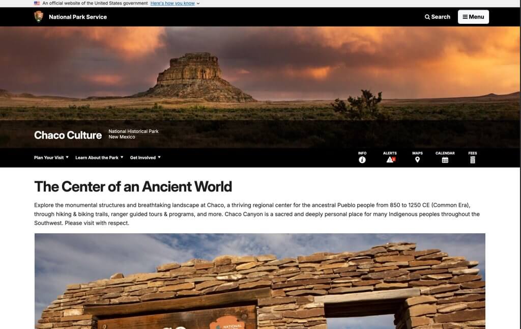 National Park Service webpage for Chaco Culture National Historical Park featuring desert mesas at sunset.