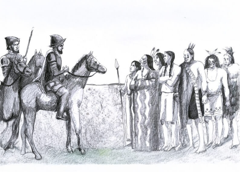 Historical illustration showing European explorers on horseback facing a line of Indigenous people holding spears.