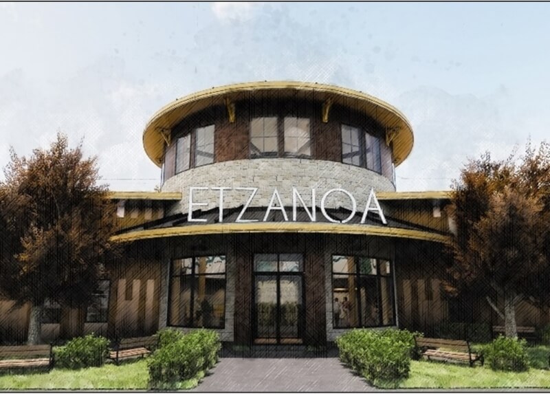 Architectural rendering of a round museum-style building with the name ‘Etzanoa’ above the entrance