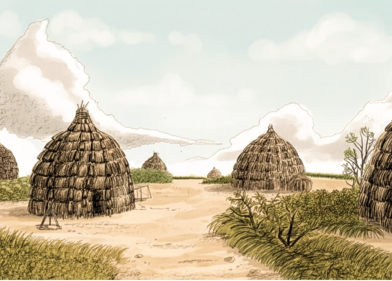 An illustration of a village with dome-shaped thatched huts set on an open landscape under a cloudy sky.