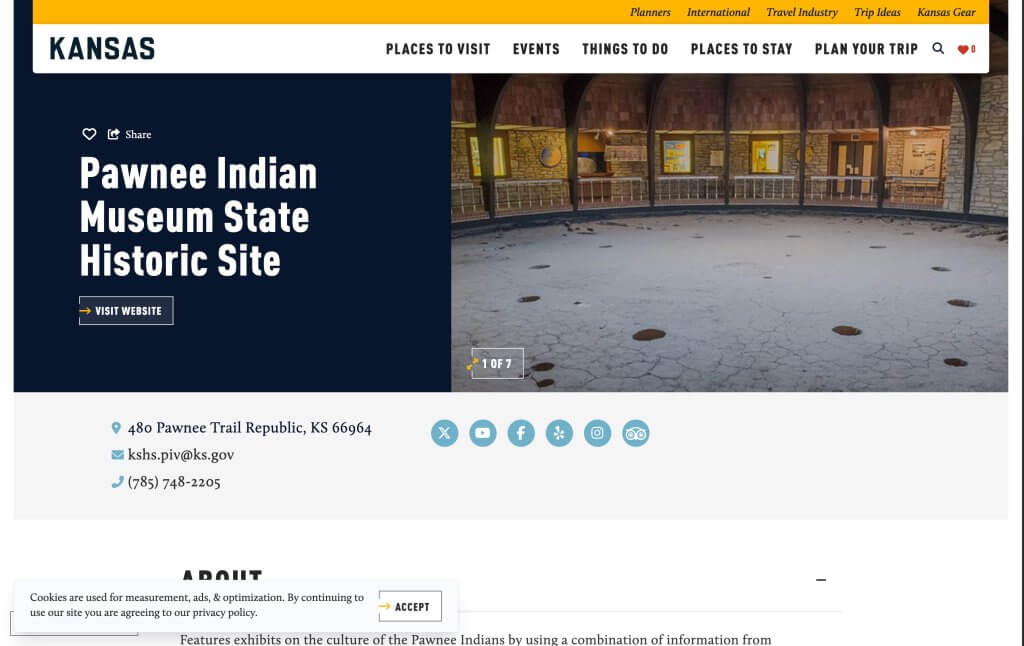 Kansas tourism webpage for Pawnee Indian Museum State Historic Site showing the interior of a circular earth lodge.