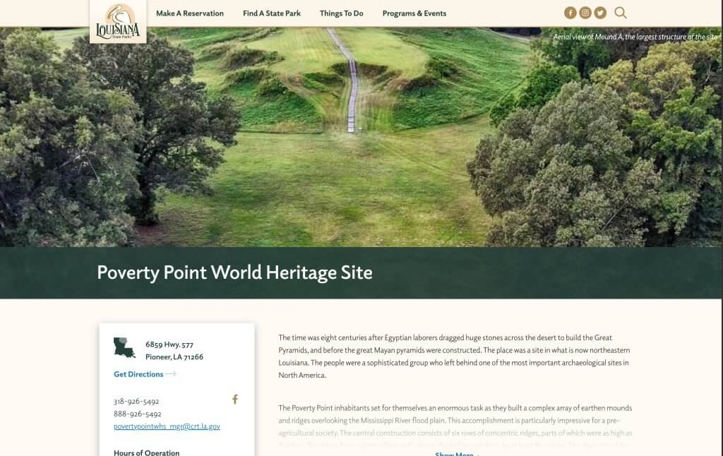 Webpage for Poverty Point World Heritage Site showing an aerial view of earthen mounds and visitor information.