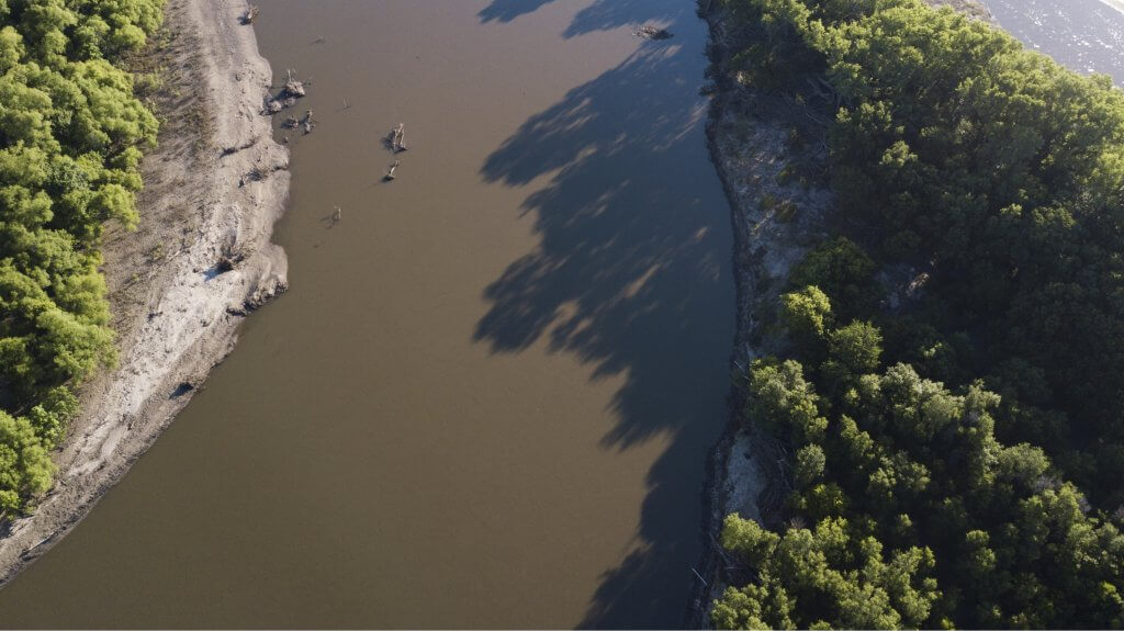 Aerial view of a wide river bordered by dense green trees along both banks.