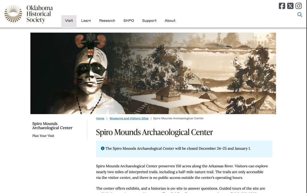 Oklahoma Historical Society webpage for Spiro Mounds Archaeological Center featuring an illustrated historic scene.