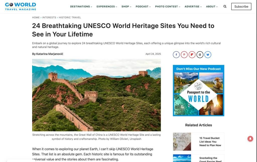 Article page titled ‘24 Breathtaking UNESCO World Heritage Sites You Need to See in Your Lifetime’ with an image of the Great Wall of China.