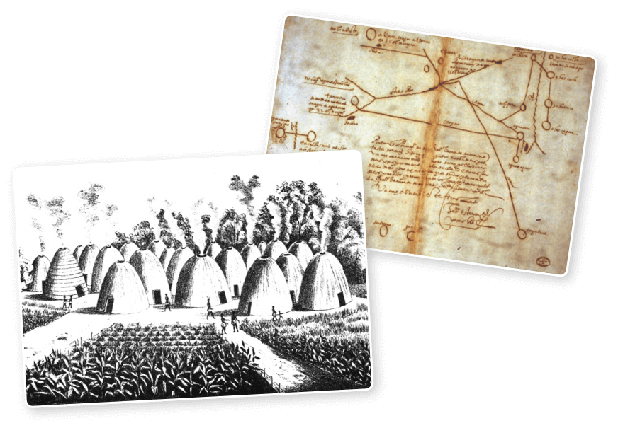 Two historical images: a hand-drawn map with handwritten notes, and an illustration of a village with dome-shaped huts and surrounding farmland.
